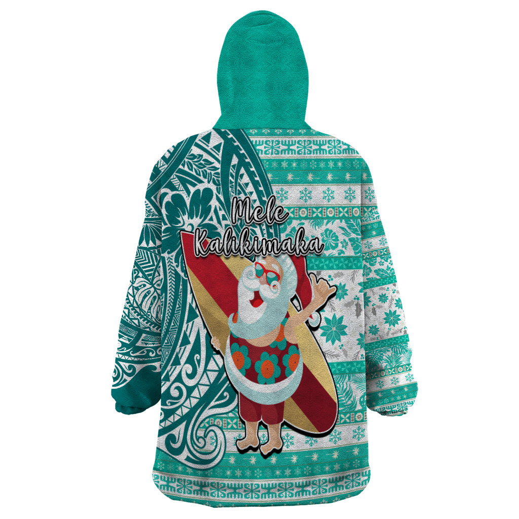 Hawaii Mele Kalikimaka Wearable Blanket Hoodie Santa Claus Surfing with Hawaiian Pattern Striped Turquoise Style LT03 - Polynesian Pride