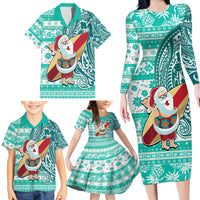 Custom Hawaii Mele Kalikimaka Family Matching Long Sleeve Bodycon Dress and Hawaiian Shirt Santa Claus Surfing with Hawaiian Pattern Striped Turquoise Style LT03 - Polynesian Pride