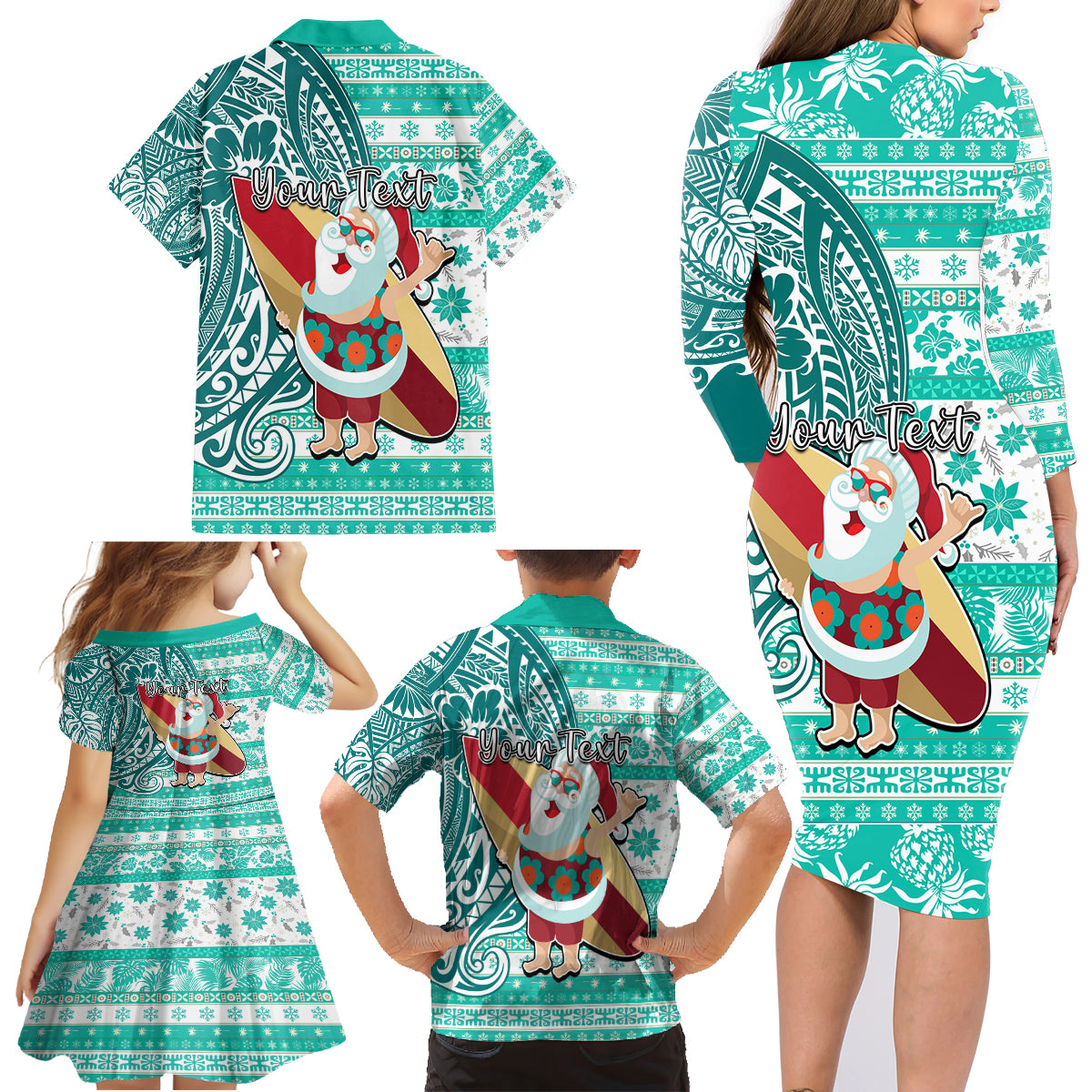 Custom Hawaii Mele Kalikimaka Family Matching Long Sleeve Bodycon Dress and Hawaiian Shirt Santa Claus Surfing with Hawaiian Pattern Striped Turquoise Style LT03 - Polynesian Pride