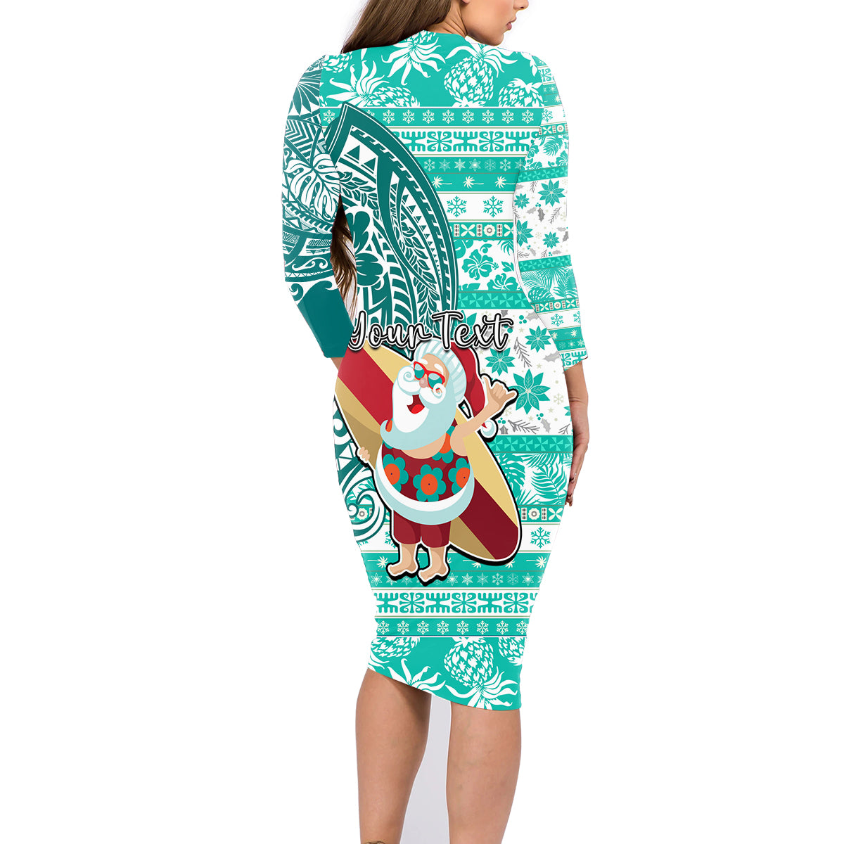 Custom Hawaii Mele Kalikimaka Family Matching Long Sleeve Bodycon Dress and Hawaiian Shirt Santa Claus Surfing with Hawaiian Pattern Striped Turquoise Style LT03 - Polynesian Pride