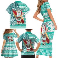 Custom Hawaii Mele Kalikimaka Family Matching Short Sleeve Bodycon Dress and Hawaiian Shirt Santa Claus Surfing with Hawaiian Pattern Striped Turquoise Style LT03 - Polynesian Pride
