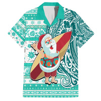 Custom Hawaii Mele Kalikimaka Family Matching Summer Maxi Dress and Hawaiian Shirt Santa Claus Surfing with Hawaiian Pattern Striped Turquoise Style LT03 Dad's Shirt - Short Sleeve Turquoise - Polynesian Pride