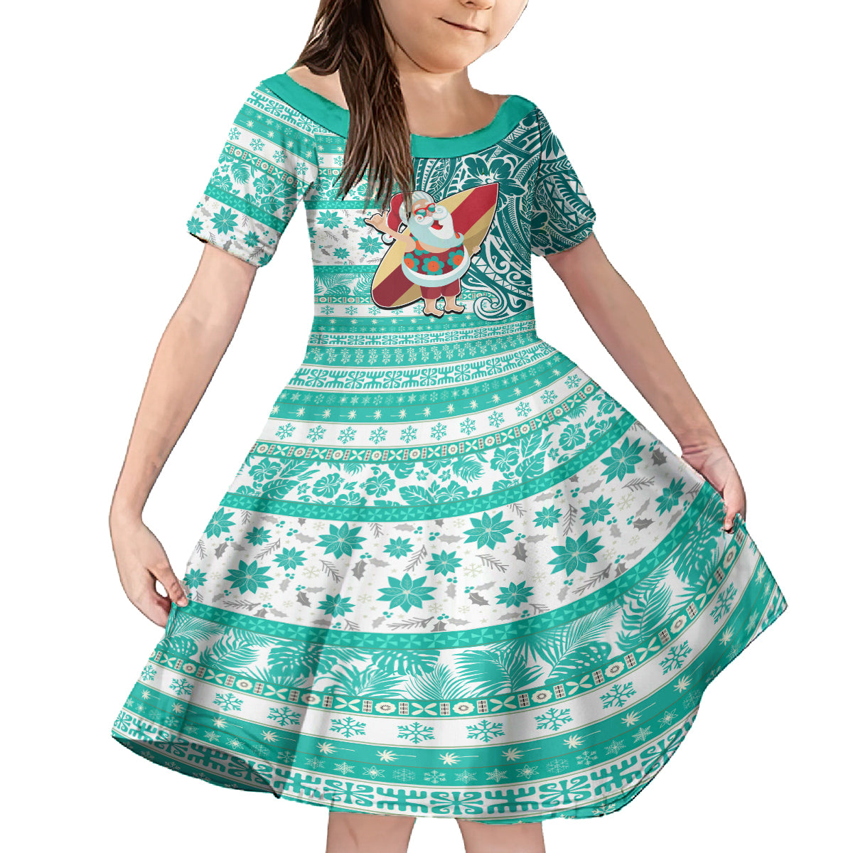 Custom Hawaii Mele Kalikimaka Kid Short Sleeve Dress Santa Claus Surfing with Hawaiian Pattern Striped Turquoise Style LT03 KID Turquoise - Polynesian Pride
