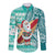 Custom Hawaii Mele Kalikimaka Long Sleeve Button Shirt Santa Claus Surfing with Hawaiian Pattern Striped Turquoise Style LT03 Unisex Turquoise - Polynesian Pride