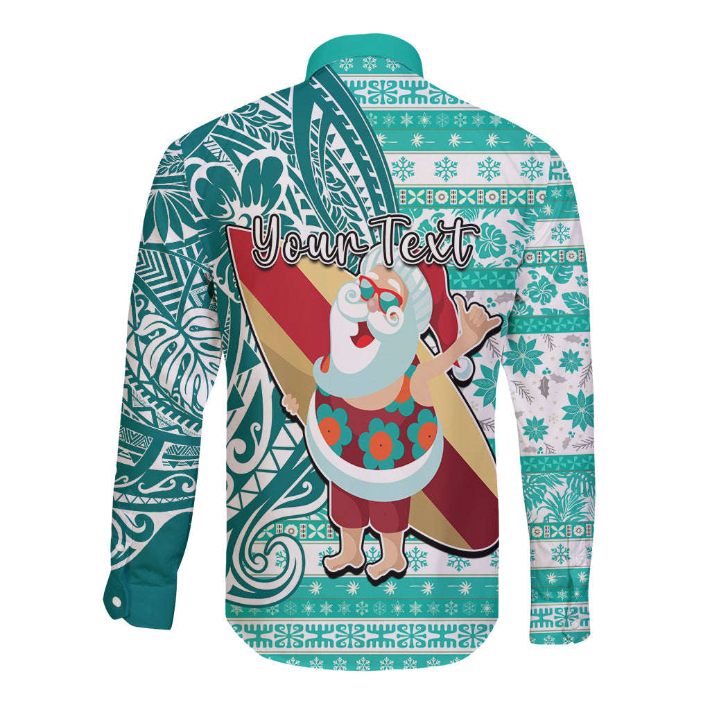 Custom Hawaii Mele Kalikimaka Long Sleeve Button Shirt Santa Claus Surfing with Hawaiian Pattern Striped Turquoise Style LT03 - Polynesian Pride