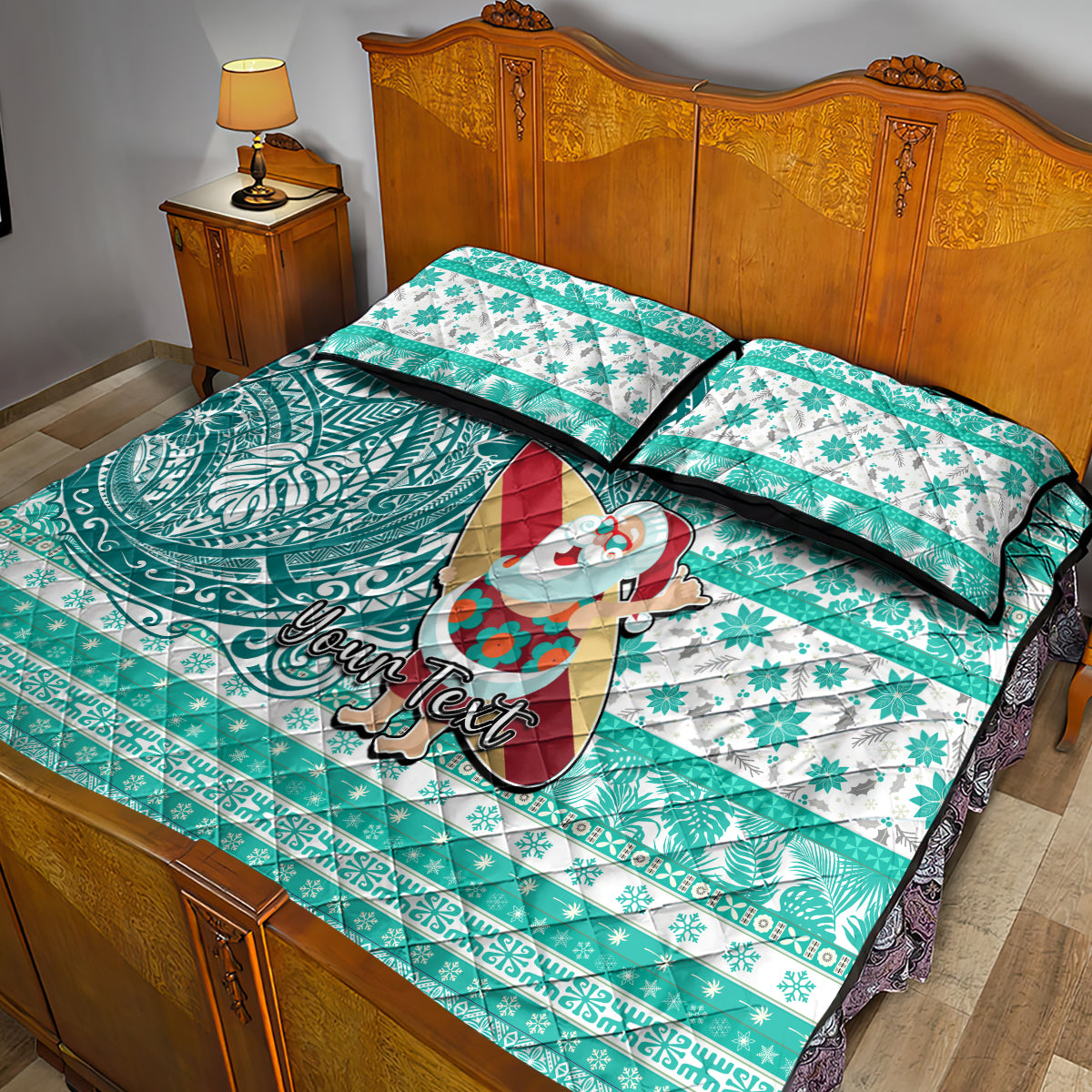 Custom Hawaii Mele Kalikimaka Quilt Bed Set Santa Claus Surfing with Hawaiian Pattern Striped Turquoise Style LT03 - Polynesian Pride