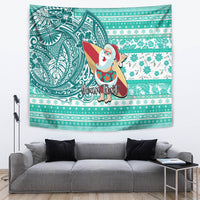 Custom Hawaii Mele Kalikimaka Tapestry Santa Claus Surfing with Hawaiian Pattern Striped Turquoise Style LT03 - Polynesian Pride