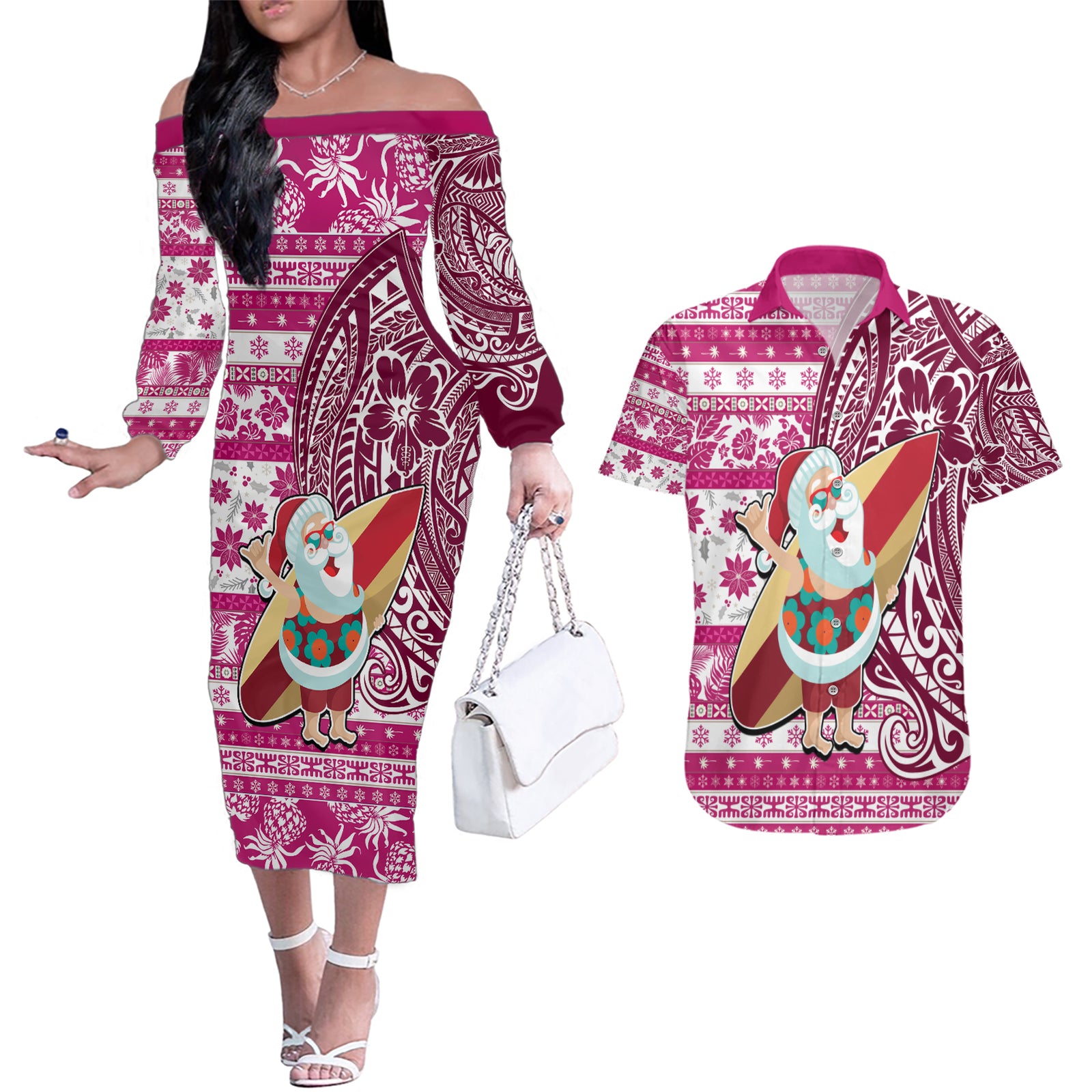 Hawaii Mele Kalikimaka Couples Matching Off The Shoulder Long Sleeve Dress and Hawaiian Shirt Santa Claus Surfing with Hawaiian Pattern Striped Pink Style LT03 Pink - Polynesian Pride