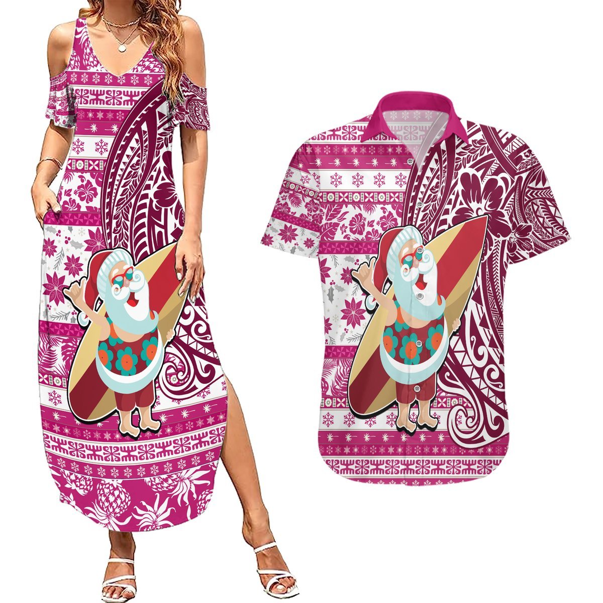 Hawaii Mele Kalikimaka Couples Matching Summer Maxi Dress and Hawaiian Shirt Santa Claus Surfing with Hawaiian Pattern Striped Pink Style LT03 Pink - Polynesian Pride