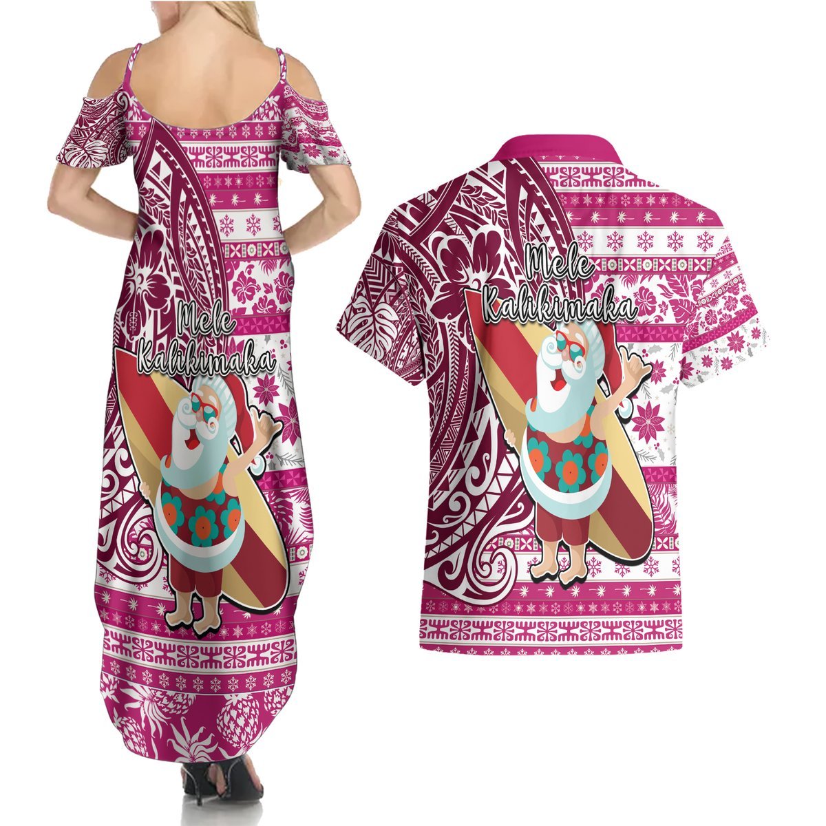 Hawaii Mele Kalikimaka Couples Matching Summer Maxi Dress and Hawaiian Shirt Santa Claus Surfing with Hawaiian Pattern Striped Pink Style LT03 - Polynesian Pride