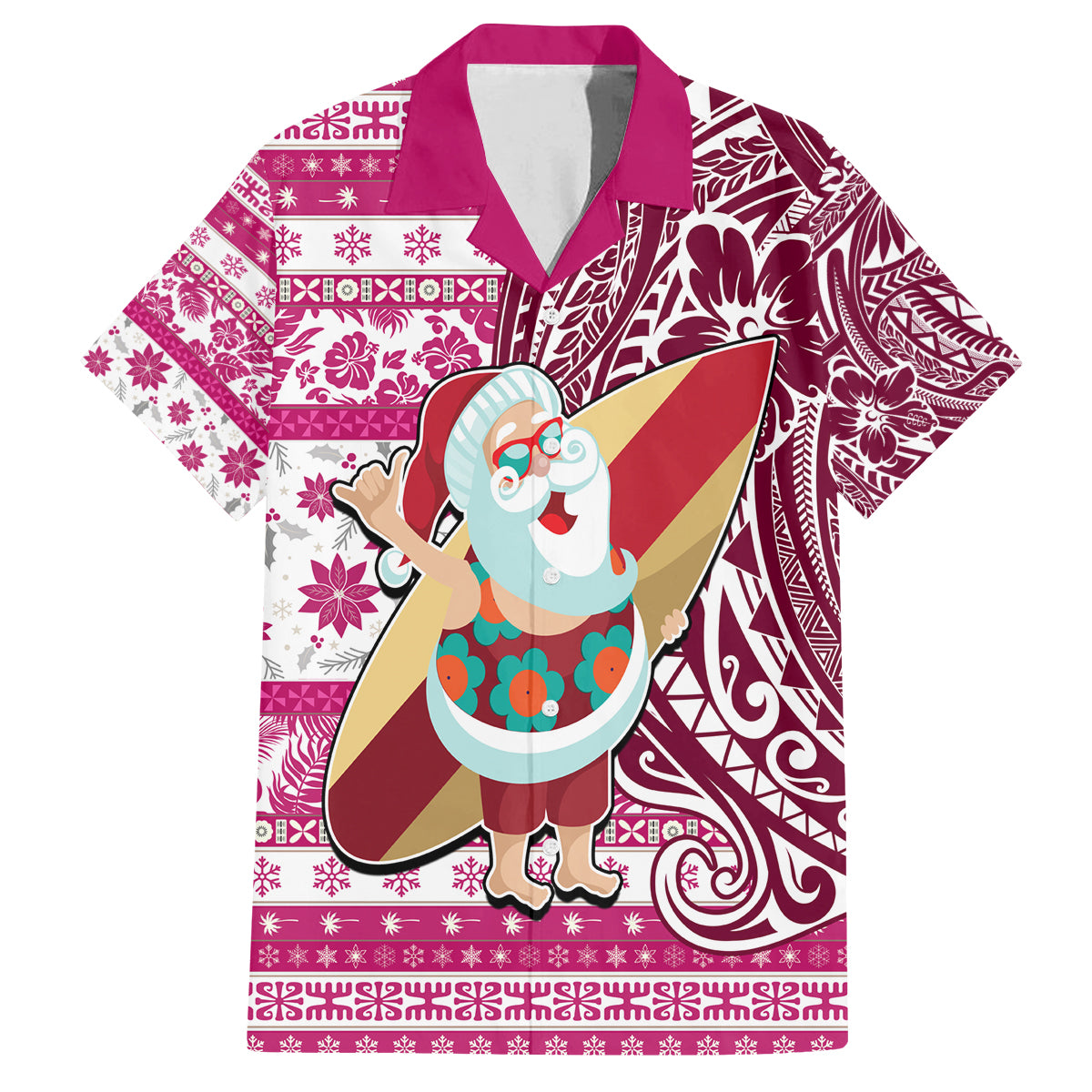 Hawaii Mele Kalikimaka Family Matching Long Sleeve Bodycon Dress and Hawaiian Shirt Santa Claus Surfing with Hawaiian Pattern Striped Pink Style LT03 Dad's Shirt - Short Sleeve Pink - Polynesian Pride
