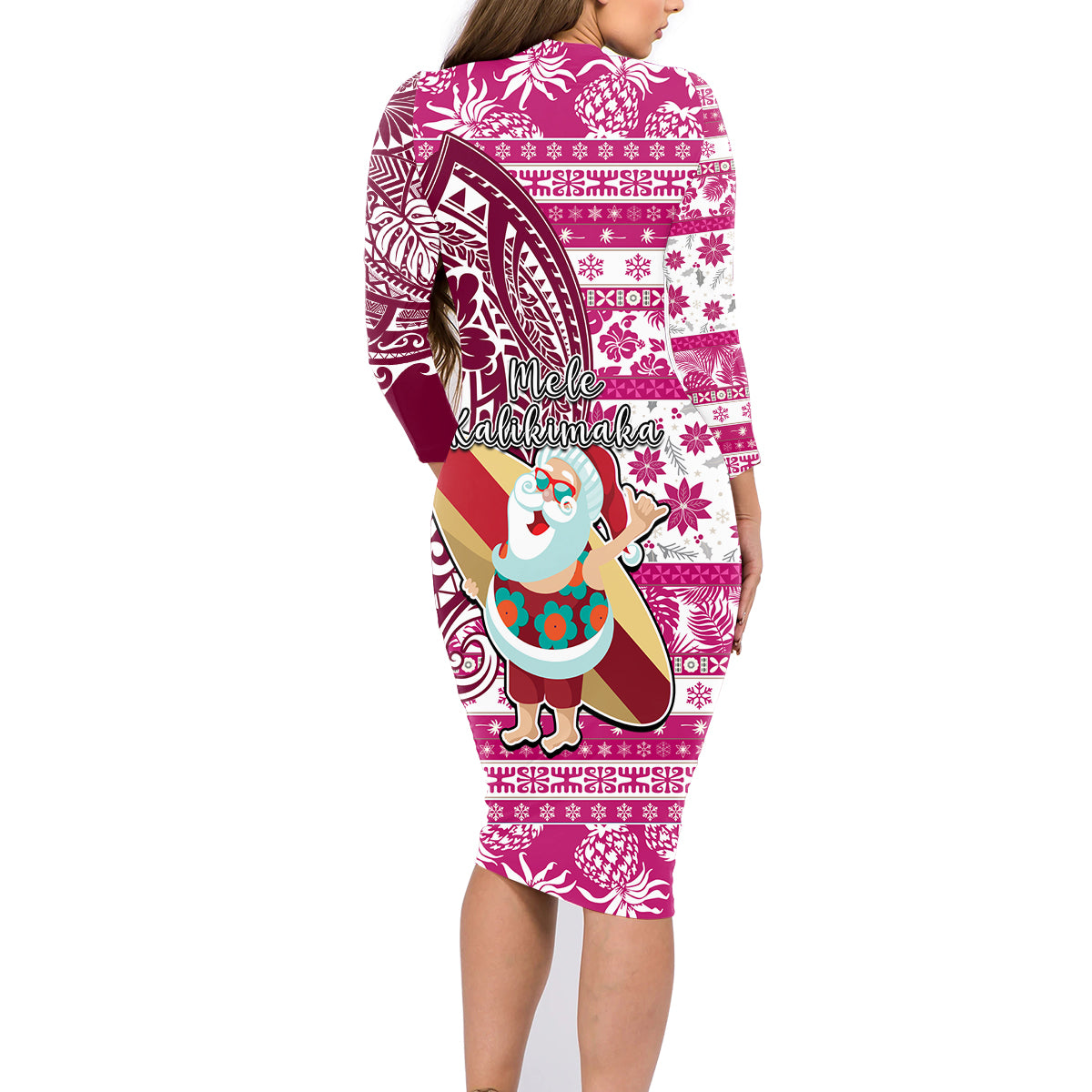 Hawaii Mele Kalikimaka Family Matching Long Sleeve Bodycon Dress and Hawaiian Shirt Santa Claus Surfing with Hawaiian Pattern Striped Pink Style LT03 - Polynesian Pride