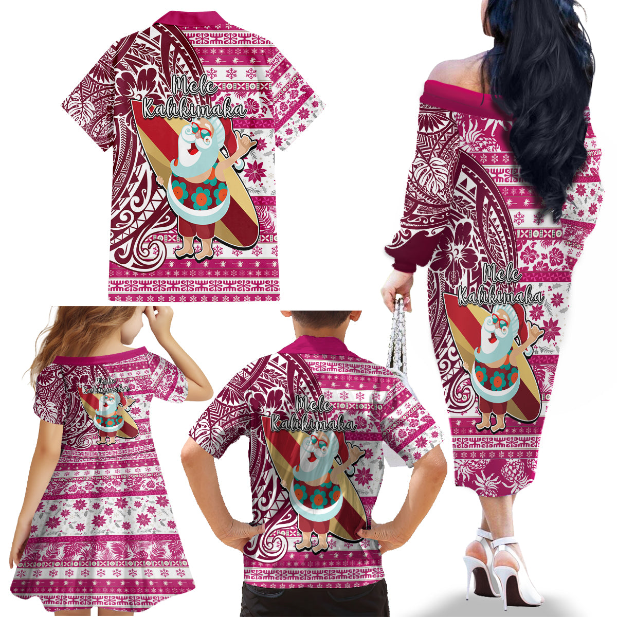Hawaii Mele Kalikimaka Family Matching Off Shoulder Long Sleeve Dress and Hawaiian Shirt Santa Claus Surfing with Hawaiian Pattern Striped Pink Style LT03 - Polynesian Pride