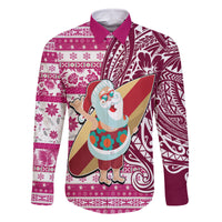 Hawaii Mele Kalikimaka Family Matching Off Shoulder Maxi Dress and Hawaiian Shirt Santa Claus Surfing with Hawaiian Pattern Striped Pink Style LT03 Dad's Shirt - Long Sleeve Pink - Polynesian Pride