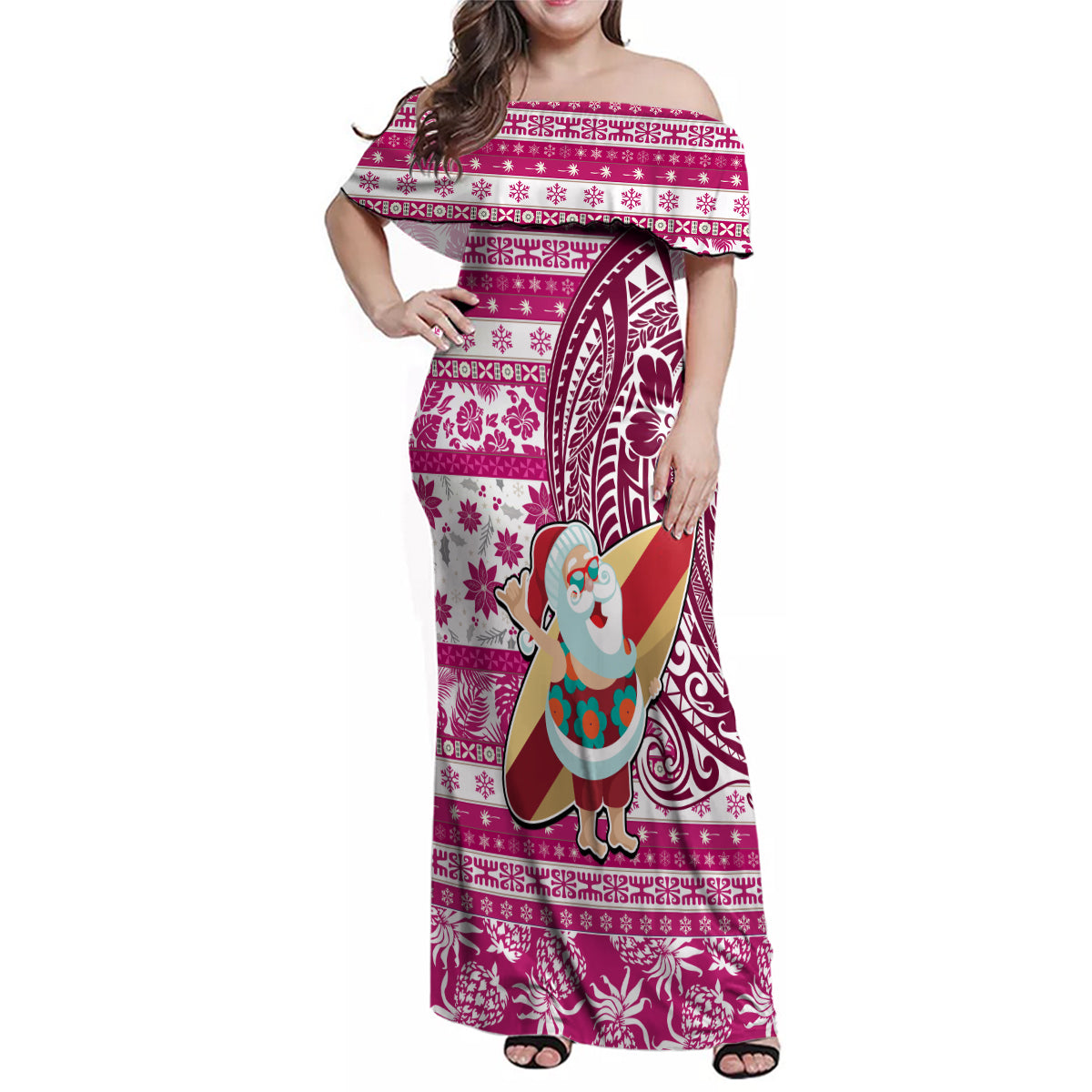 Hawaii Mele Kalikimaka Family Matching Off Shoulder Maxi Dress and Hawaiian Shirt Santa Claus Surfing with Hawaiian Pattern Striped Pink Style LT03 Mom's Dress Pink - Polynesian Pride