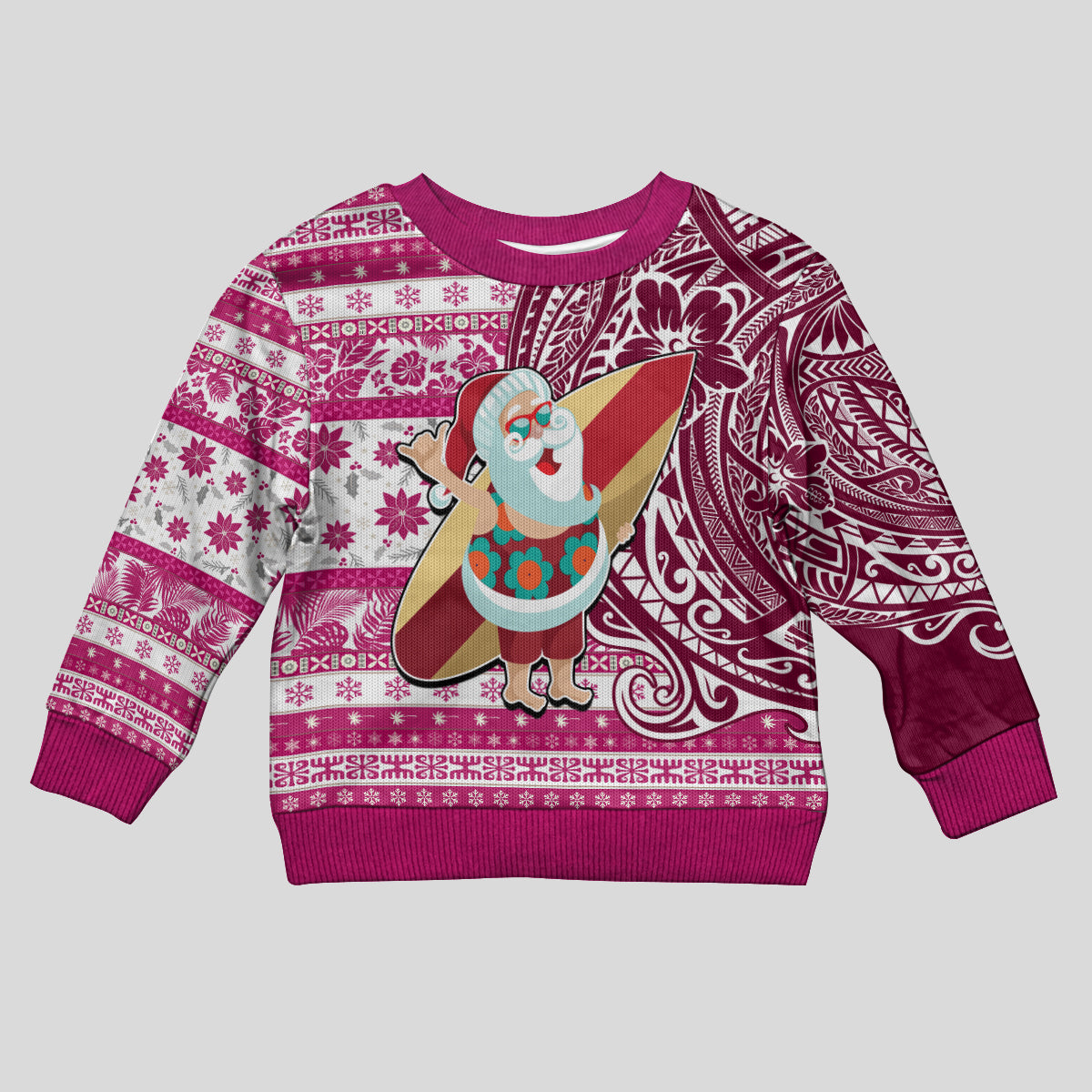 Hawaii Mele Kalikimaka Kid Ugly Christmas Sweater Santa Claus Surfing with Hawaiian Pattern Striped Pink Style LT03 Kid Pink - Polynesian Pride