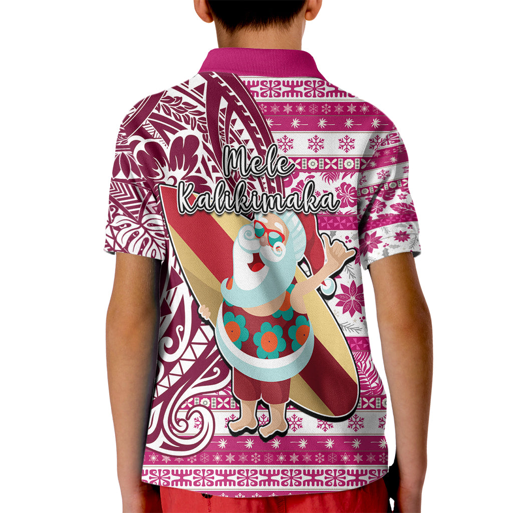 Hawaii Mele Kalikimaka Kid Polo Shirt Santa Claus Surfing with Hawaiian Pattern Striped Pink Style LT03 - Polynesian Pride