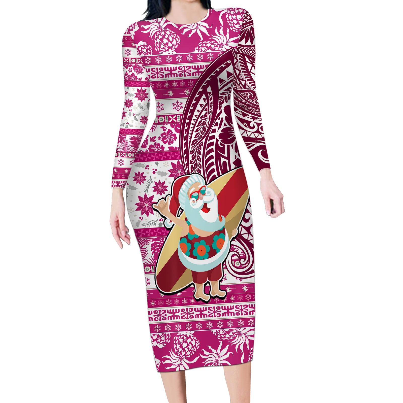 Hawaii Mele Kalikimaka Long Sleeve Bodycon Dress Santa Claus Surfing with Hawaiian Pattern Striped Pink Style LT03 Long Dress Pink - Polynesian Pride