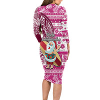Hawaii Mele Kalikimaka Long Sleeve Bodycon Dress Santa Claus Surfing with Hawaiian Pattern Striped Pink Style LT03 - Polynesian Pride