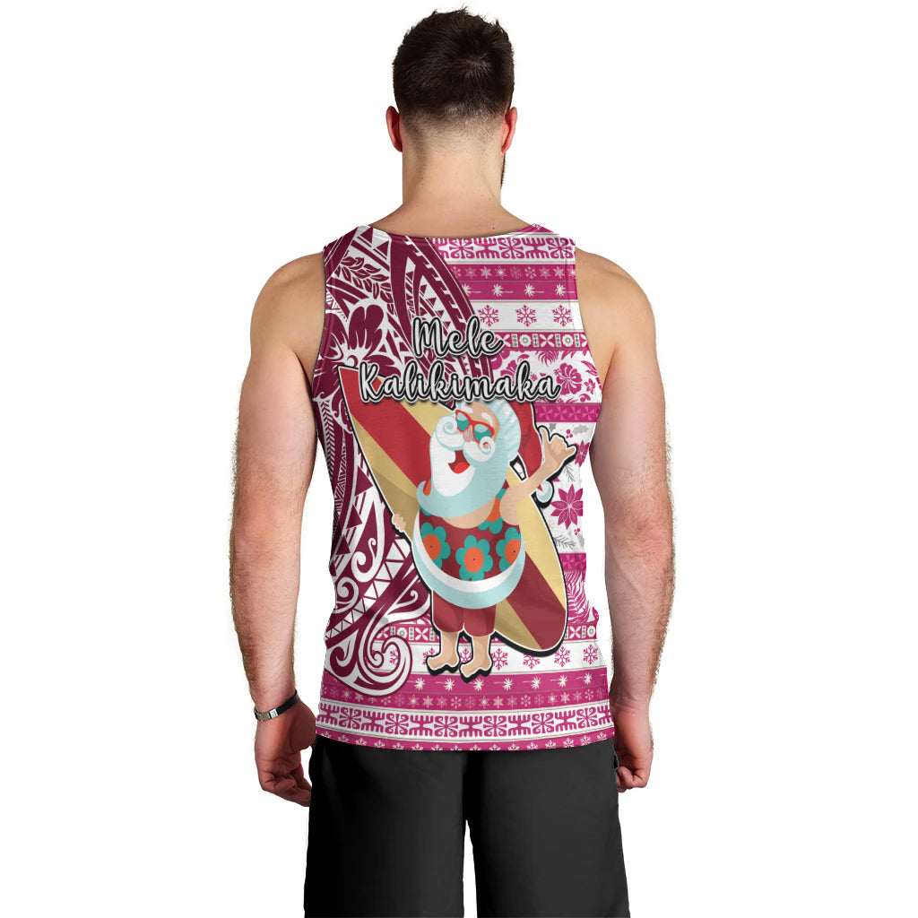 Hawaii Mele Kalikimaka Men Tank Top Santa Claus Surfing with Hawaiian Pattern Striped Pink Style LT03 - Polynesian Pride
