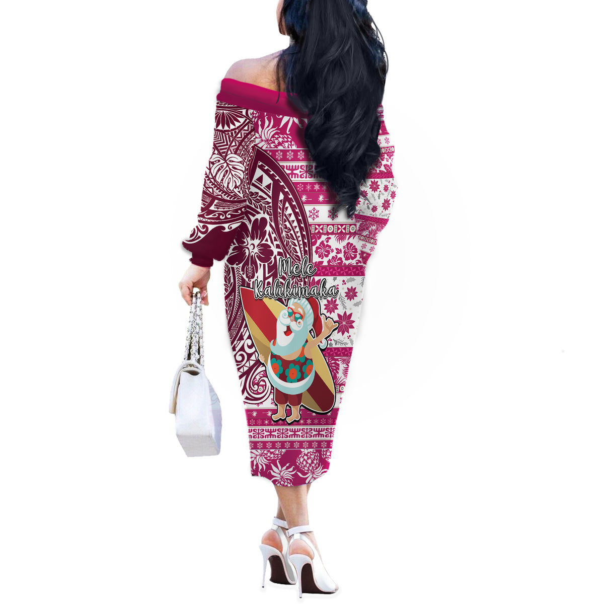 Hawaii Mele Kalikimaka Off The Shoulder Long Sleeve Dress Santa Claus Surfing with Hawaiian Pattern Striped Pink Style LT03 - Polynesian Pride