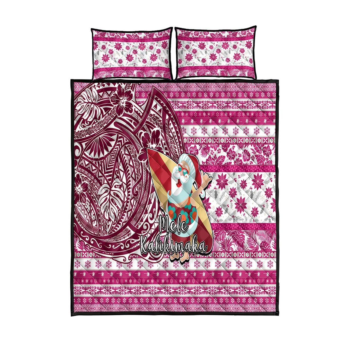 Hawaii Mele Kalikimaka Quilt Bed Set Santa Claus Surfing with Hawaiian Pattern Striped Pink Style LT03 Pink - Polynesian Pride