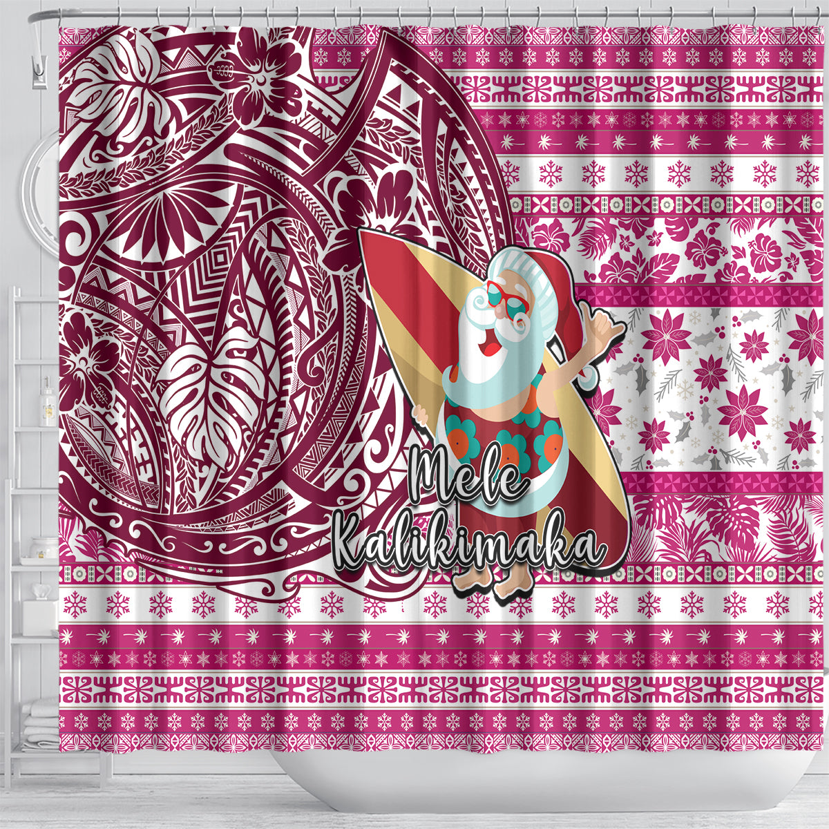 Hawaii Mele Kalikimaka Shower Curtain Santa Claus Surfing with Hawaiian Pattern Striped Pink Style LT03 - Polynesian Pride