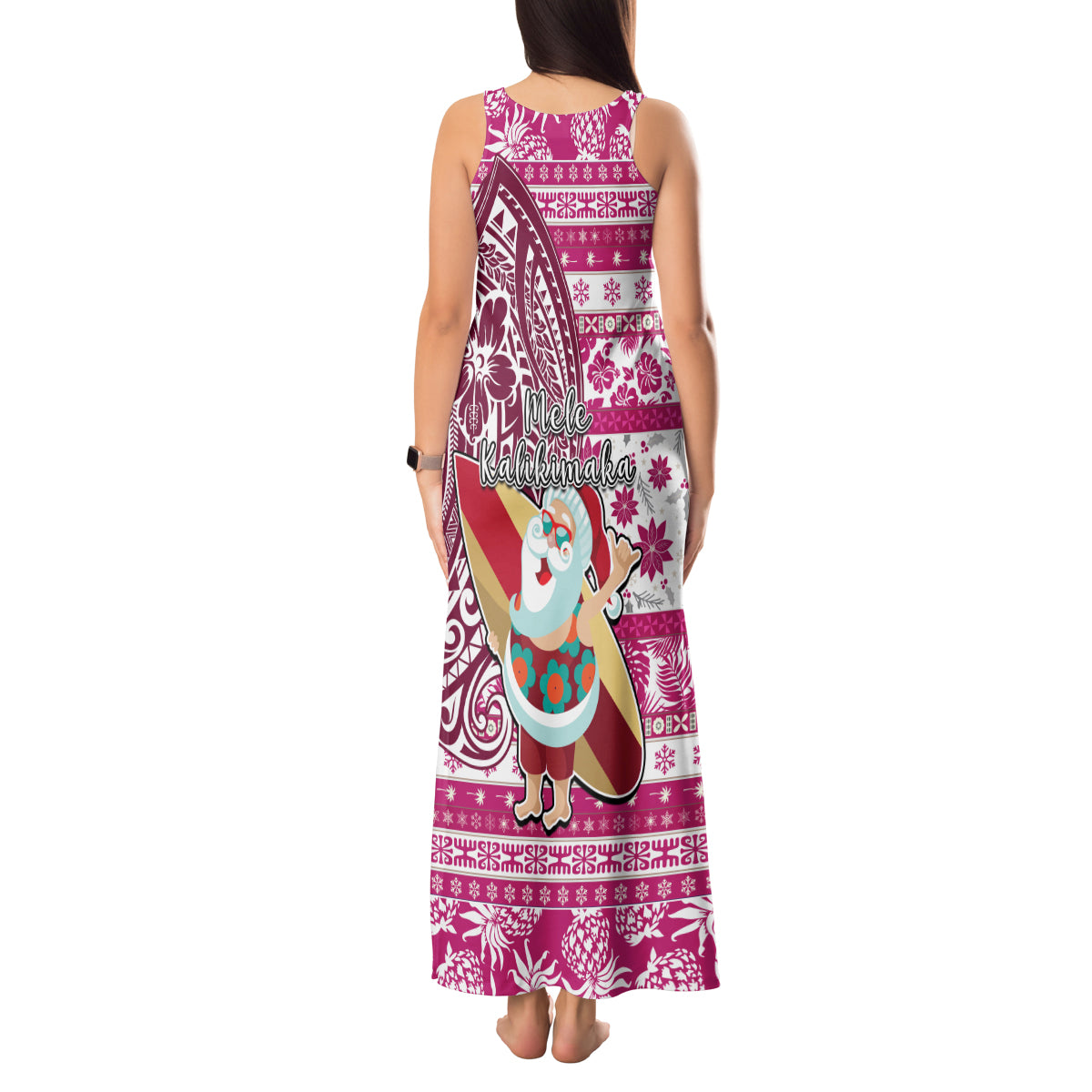 Hawaii Mele Kalikimaka Tank Maxi Dress Santa Claus Surfing with Hawaiian Pattern Striped Pink Style LT03 - Polynesian Pride