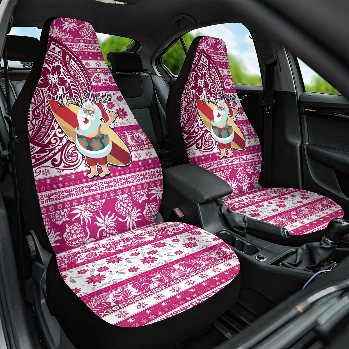 Custom Hawaii Mele Kalikimaka Car Seat Cover Santa Claus Surfing with Hawaiian Pattern Striped Pink Style LT03 One Size Pink - Polynesian Pride