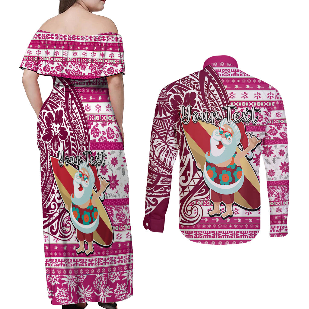 Custom Hawaii Mele Kalikimaka Couples Matching Off Shoulder Maxi Dress and Long Sleeve Button Shirt Santa Claus Surfing with Hawaiian Pattern Striped Pink Style LT03 - Polynesian Pride