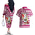 Custom Hawaii Mele Kalikimaka Couples Matching Off The Shoulder Long Sleeve Dress and Hawaiian Shirt Santa Claus Surfing with Hawaiian Pattern Striped Pink Style LT03 - Polynesian Pride