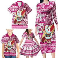 Custom Hawaii Mele Kalikimaka Family Matching Long Sleeve Bodycon Dress and Hawaiian Shirt Santa Claus Surfing with Hawaiian Pattern Striped Pink Style LT03 - Polynesian Pride