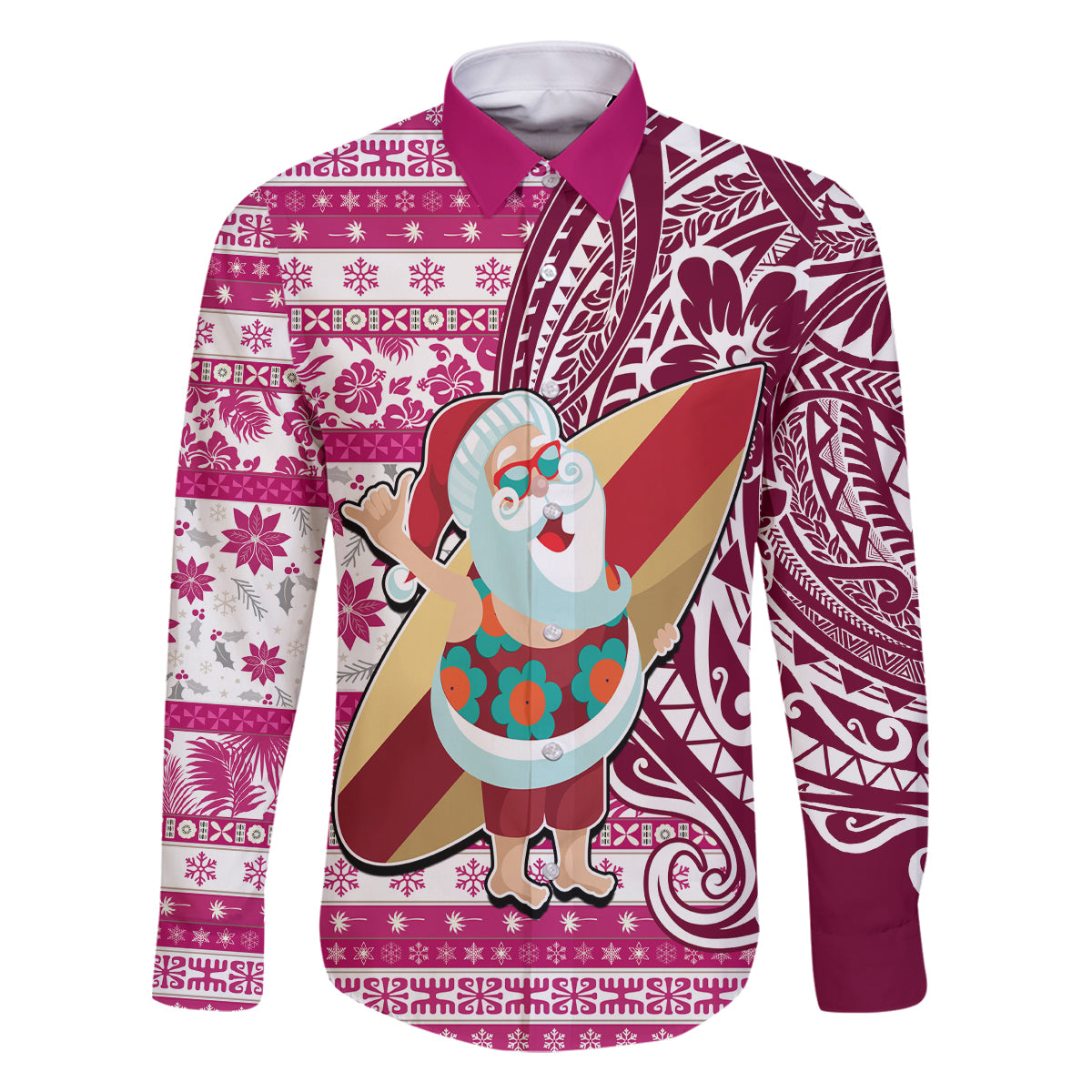 Custom Hawaii Mele Kalikimaka Family Matching Long Sleeve Bodycon Dress and Hawaiian Shirt Santa Claus Surfing with Hawaiian Pattern Striped Pink Style LT03 Dad's Shirt - Long Sleeve Pink - Polynesian Pride