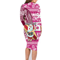 Custom Hawaii Mele Kalikimaka Family Matching Long Sleeve Bodycon Dress and Hawaiian Shirt Santa Claus Surfing with Hawaiian Pattern Striped Pink Style LT03 - Polynesian Pride