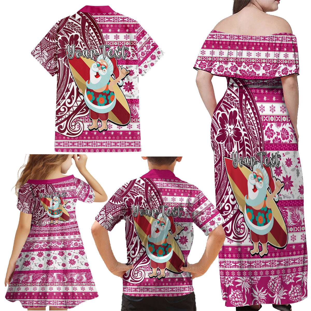 Custom Hawaii Mele Kalikimaka Family Matching Off Shoulder Maxi Dress and Hawaiian Shirt Santa Claus Surfing with Hawaiian Pattern Striped Pink Style LT03 - Polynesian Pride