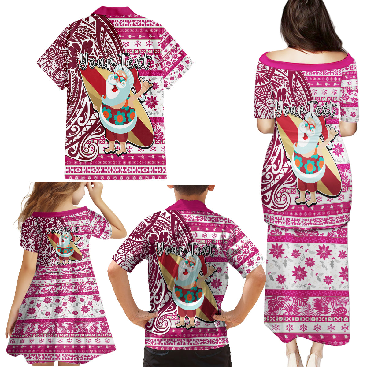 Custom Hawaii Mele Kalikimaka Family Matching Puletasi Dress and Hawaiian Shirt Santa Claus Surfing with Hawaiian Pattern Striped Pink Style LT03 - Polynesian Pride