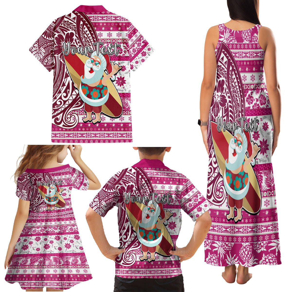 Custom Hawaii Mele Kalikimaka Family Matching Tank Maxi Dress and Hawaiian Shirt Santa Claus Surfing with Hawaiian Pattern Striped Pink Style LT03 - Polynesian Pride
