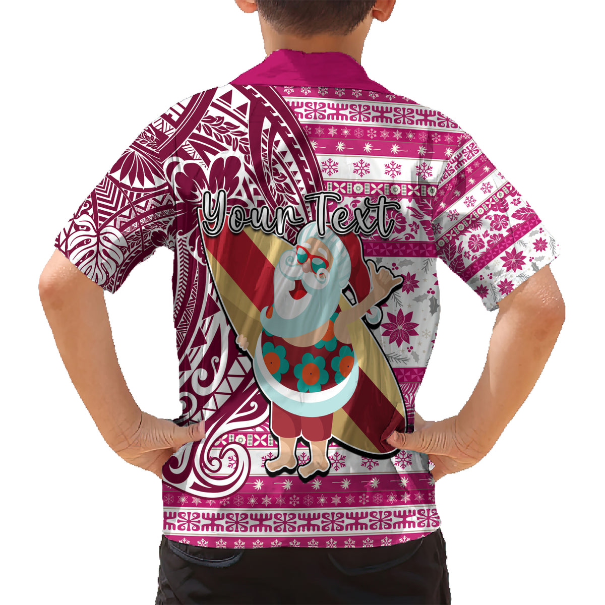 Custom Hawaii Mele Kalikimaka Kid Hawaiian Shirt Santa Claus Surfing with Hawaiian Pattern Striped Pink Style LT03 - Polynesian Pride