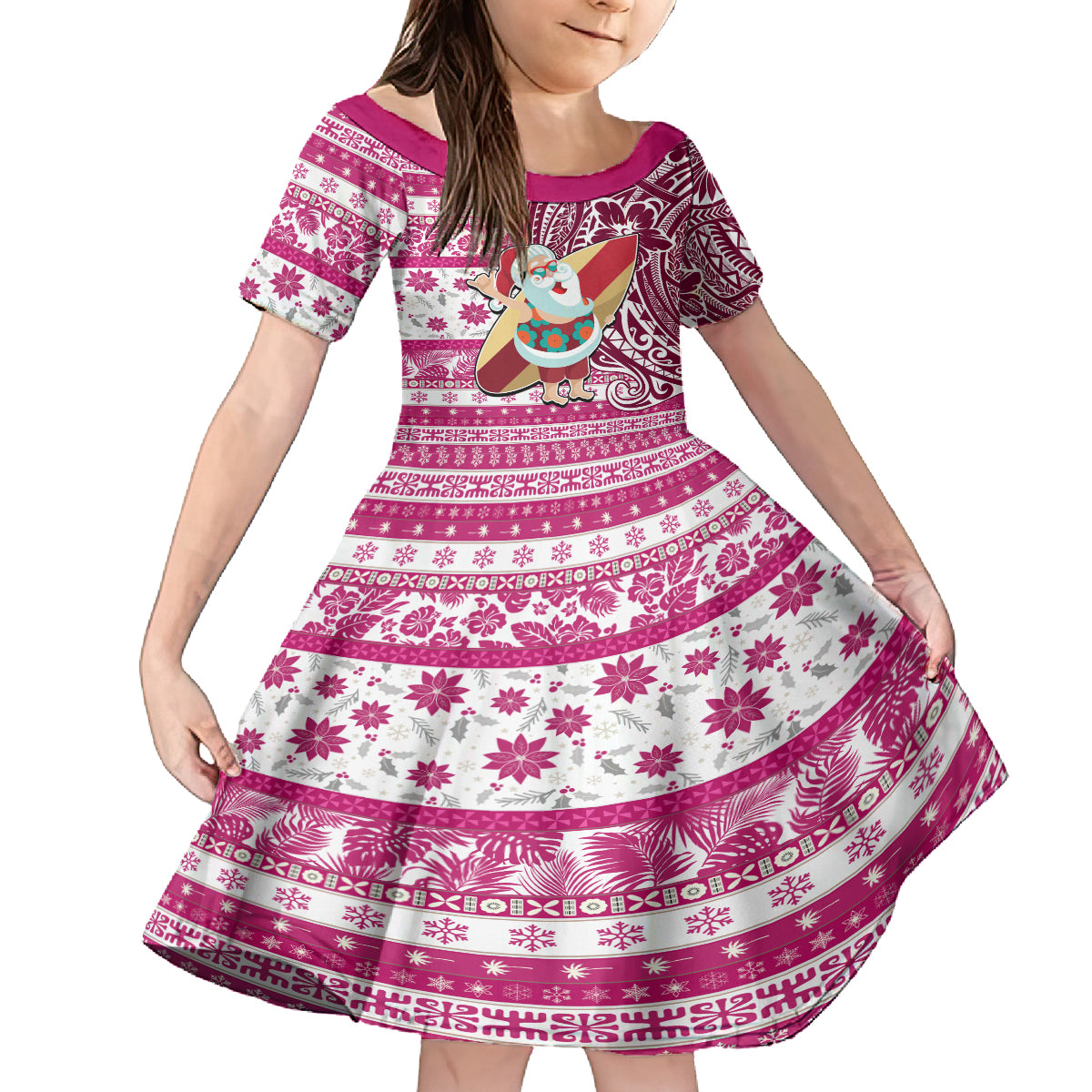 Custom Hawaii Mele Kalikimaka Kid Short Sleeve Dress Santa Claus Surfing with Hawaiian Pattern Striped Pink Style LT03 KID Pink - Polynesian Pride