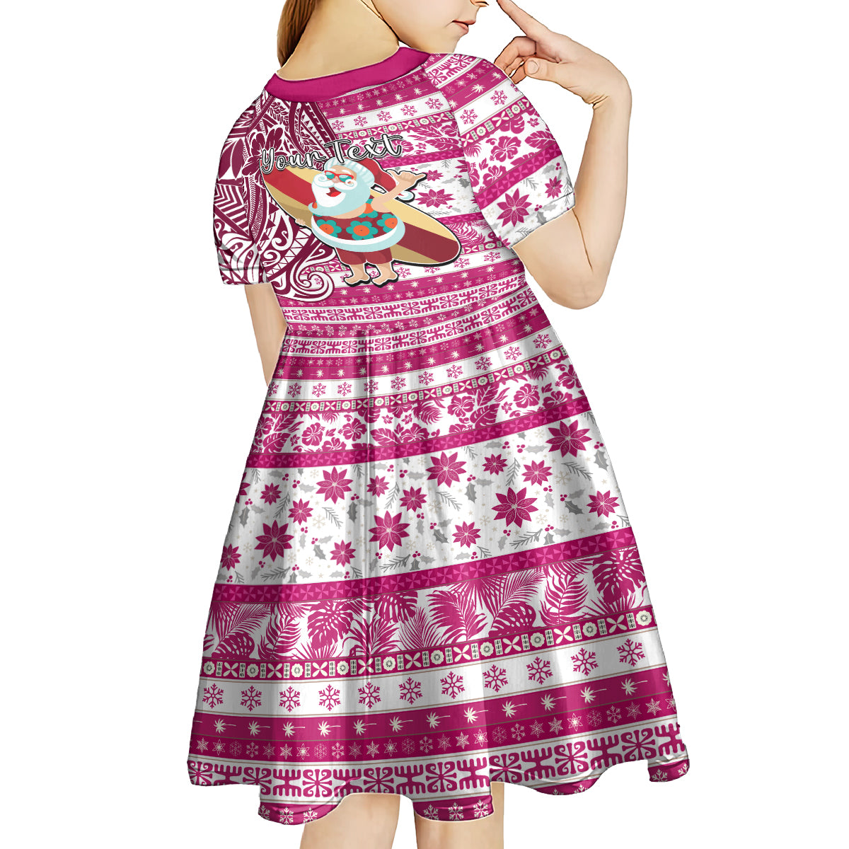 Custom Hawaii Mele Kalikimaka Kid Short Sleeve Dress Santa Claus Surfing with Hawaiian Pattern Striped Pink Style LT03 - Polynesian Pride