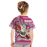 Custom Hawaii Mele Kalikimaka Kid T Shirt Santa Claus Surfing with Hawaiian Pattern Striped Pink Style LT03 - Polynesian Pride