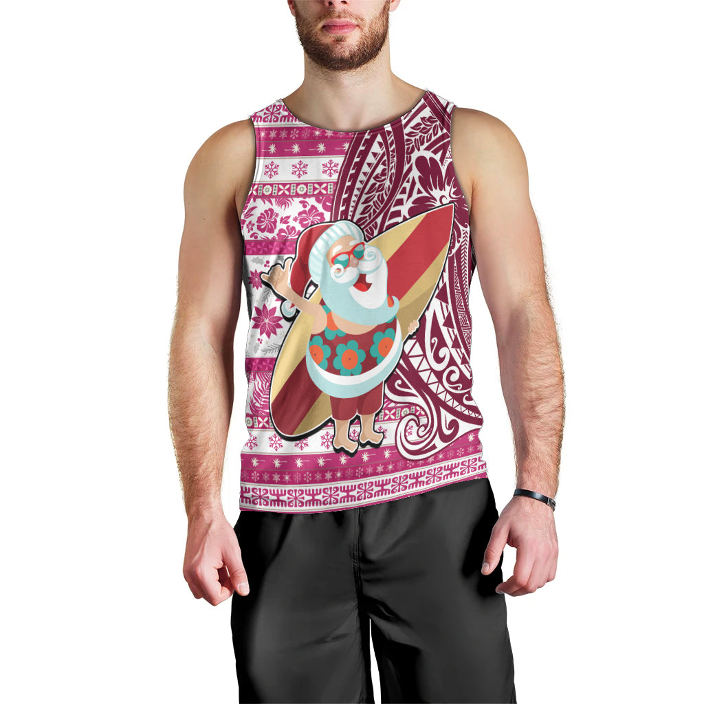 Custom Hawaii Mele Kalikimaka Men Tank Top Santa Claus Surfing with Hawaiian Pattern Striped Pink Style LT03 - Polynesian Pride