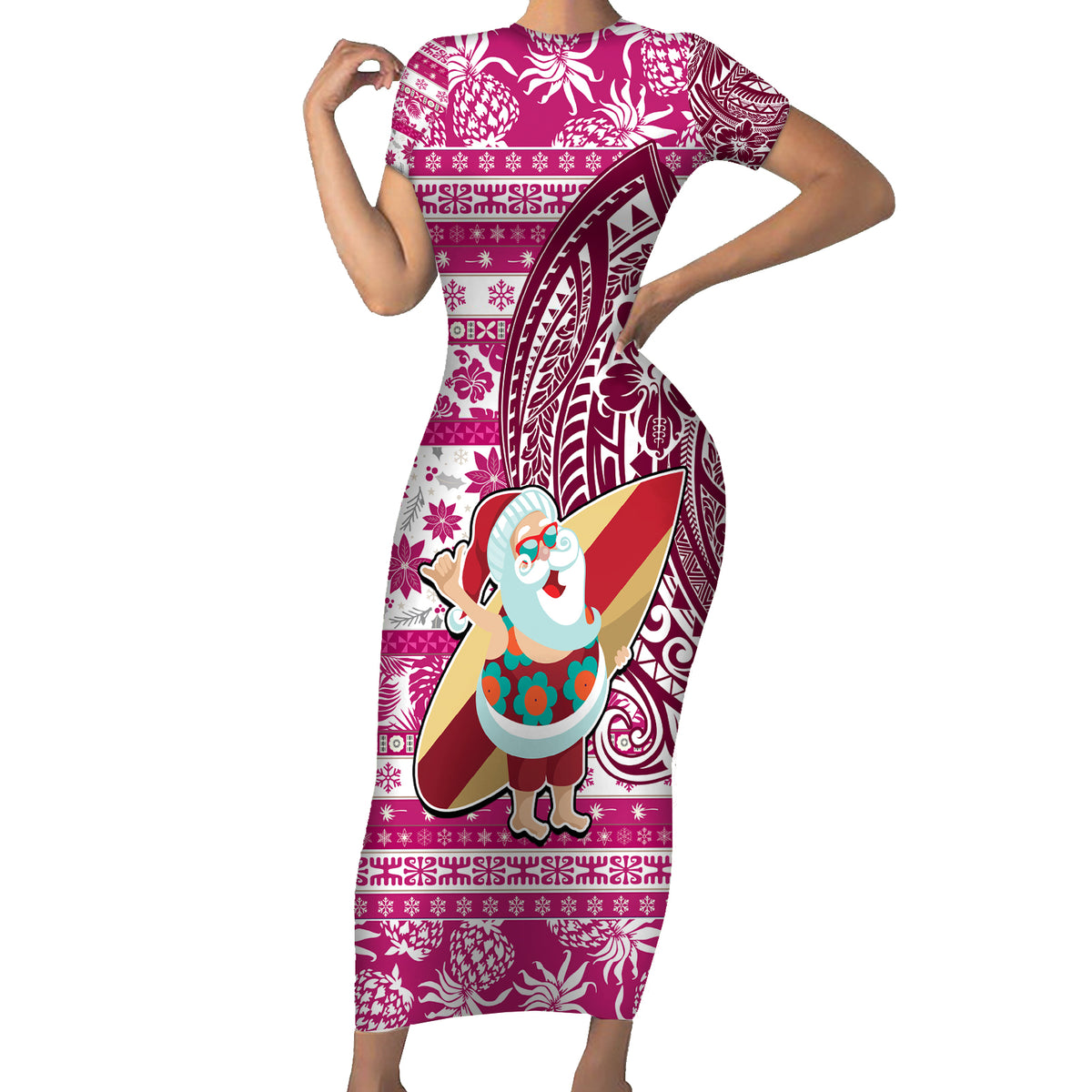 Custom Hawaii Mele Kalikimaka Short Sleeve Bodycon Dress Santa Claus Surfing with Hawaiian Pattern Striped Pink Style LT03 Long Dress Pink - Polynesian Pride