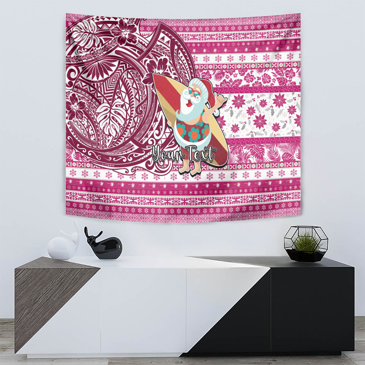 Custom Hawaii Mele Kalikimaka Tapestry Santa Claus Surfing with Hawaiian Pattern Striped Pink Style LT03 - Polynesian Pride