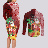 Hawaii Mele Kalikimaka Couples Matching Long Sleeve Bodycon Dress and Long Sleeve Button Shirt Santa Claus and Hula Girl Tropical Folwer with Hawaiian Pattern LT03 - Polynesian Pride