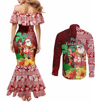 Hawaii Mele Kalikimaka Couples Matching Mermaid Dress and Long Sleeve Button Shirt Santa Claus and Hula Girl Tropical Folwer with Hawaiian Pattern LT03 - Polynesian Pride