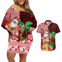 Hawaii Mele Kalikimaka Couples Matching Off Shoulder Short Dress and Hawaiian Shirt Santa Claus and Hula Girl Tropical Folwer with Hawaiian Pattern LT03 Red - Polynesian Pride