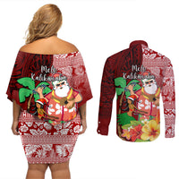Hawaii Mele Kalikimaka Couples Matching Off Shoulder Short Dress and Long Sleeve Button Shirt Santa Claus and Hula Girl Tropical Folwer with Hawaiian Pattern LT03 - Polynesian Pride