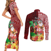 Hawaii Mele Kalikimaka Couples Matching Short Sleeve Bodycon Dress and Long Sleeve Button Shirt Santa Claus and Hula Girl Tropical Folwer with Hawaiian Pattern LT03 - Polynesian Pride