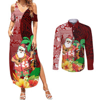 Hawaii Mele Kalikimaka Couples Matching Summer Maxi Dress and Long Sleeve Button Shirt Santa Claus and Hula Girl Tropical Folwer with Hawaiian Pattern LT03 Red - Polynesian Pride